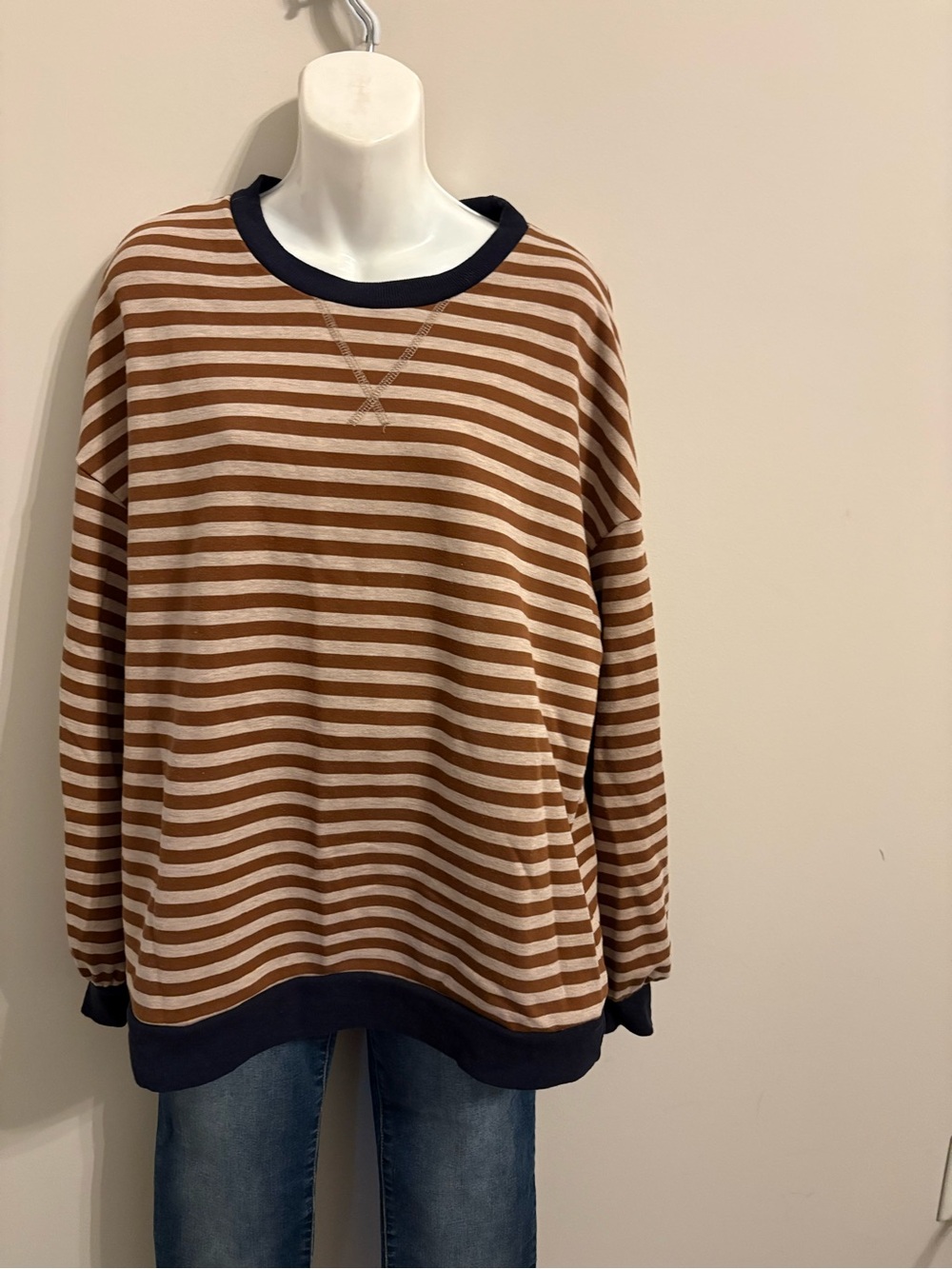 Woman’s Striped Crewneck Sweater in Brown and Cream
